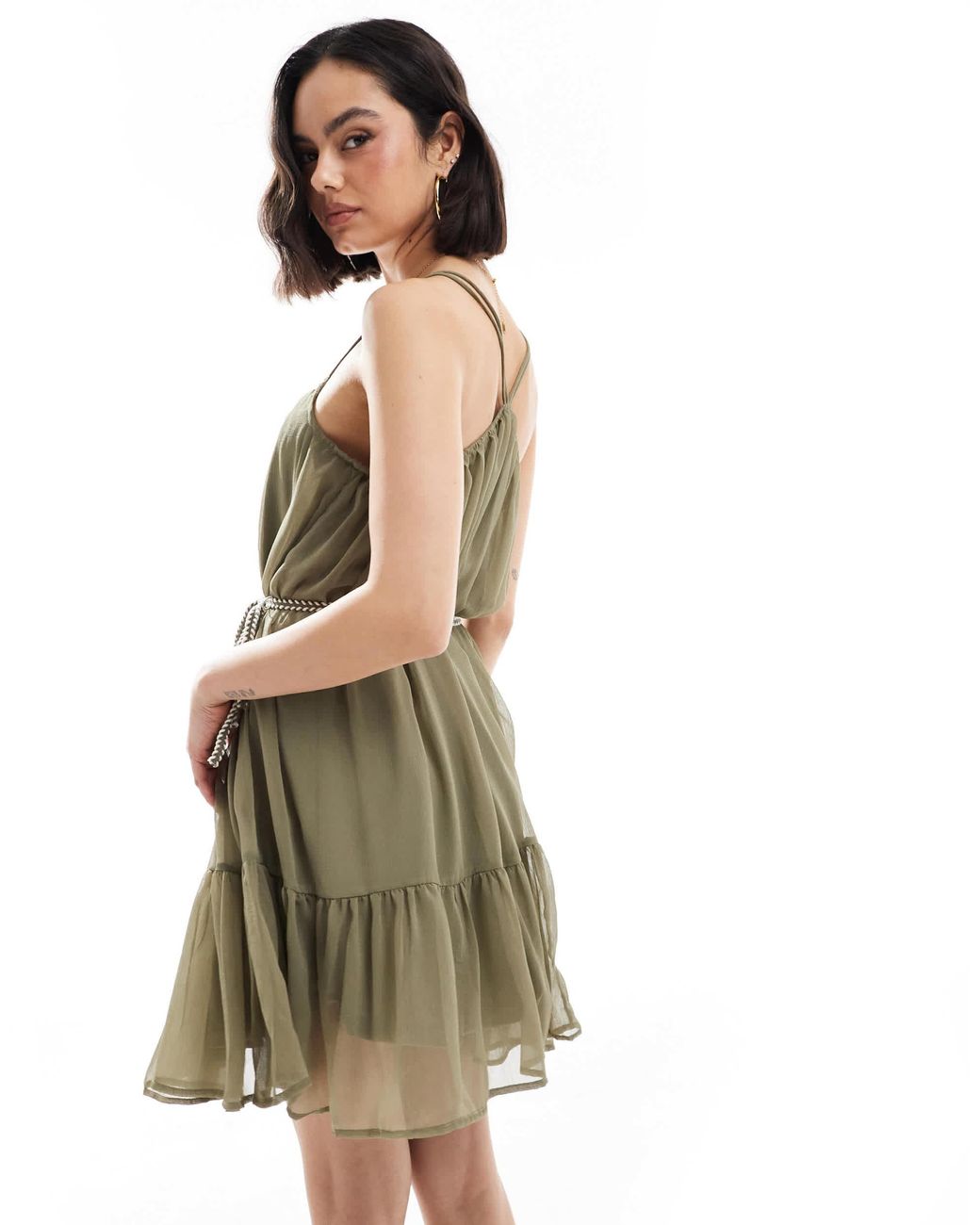 ONLY Green Tiered Cami Mini Dress With Tie Waist Detail
