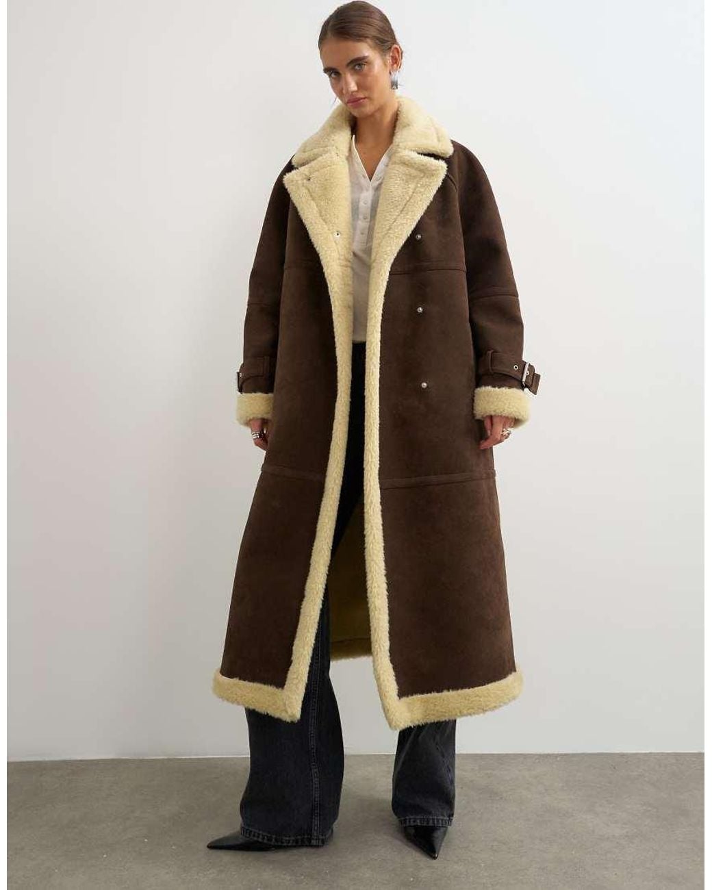 TOPSHOP Natural Longline Borg Trim Funnel Neck Coat