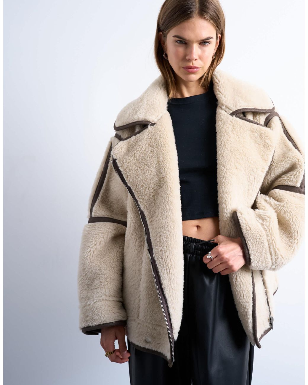 TOPSHOP White Borg Aviator Oversized Jacket