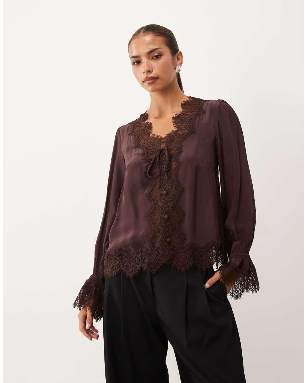 Nobody's Child Brown Wilde Satin Lace Detail Tie Bust Long Sleeve Blouse