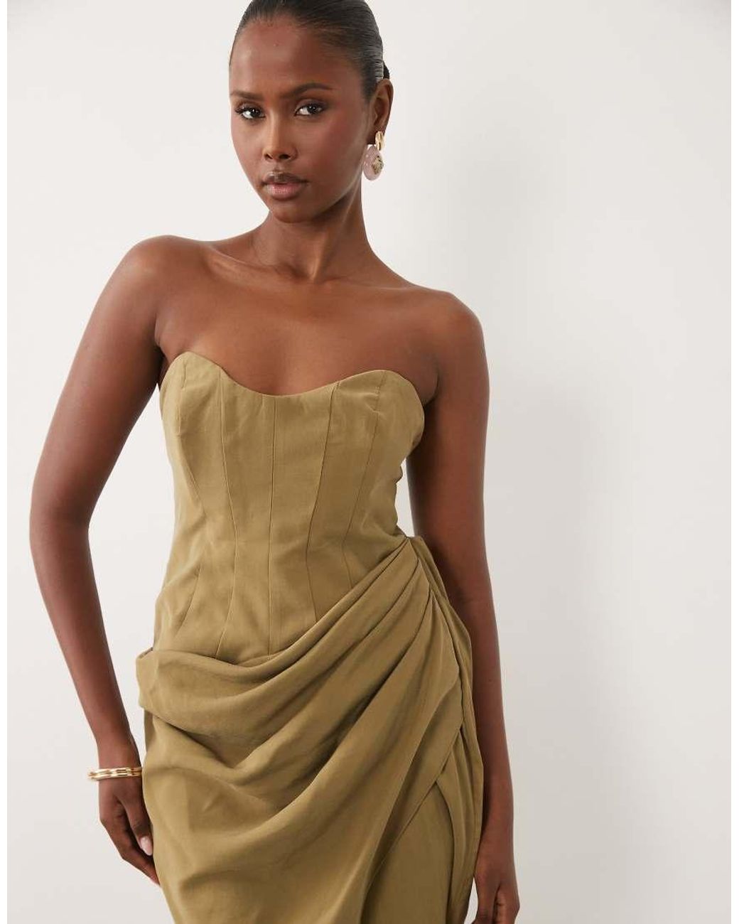 ASOS Natural Bandeau Draped Midaxi Dress With Slit