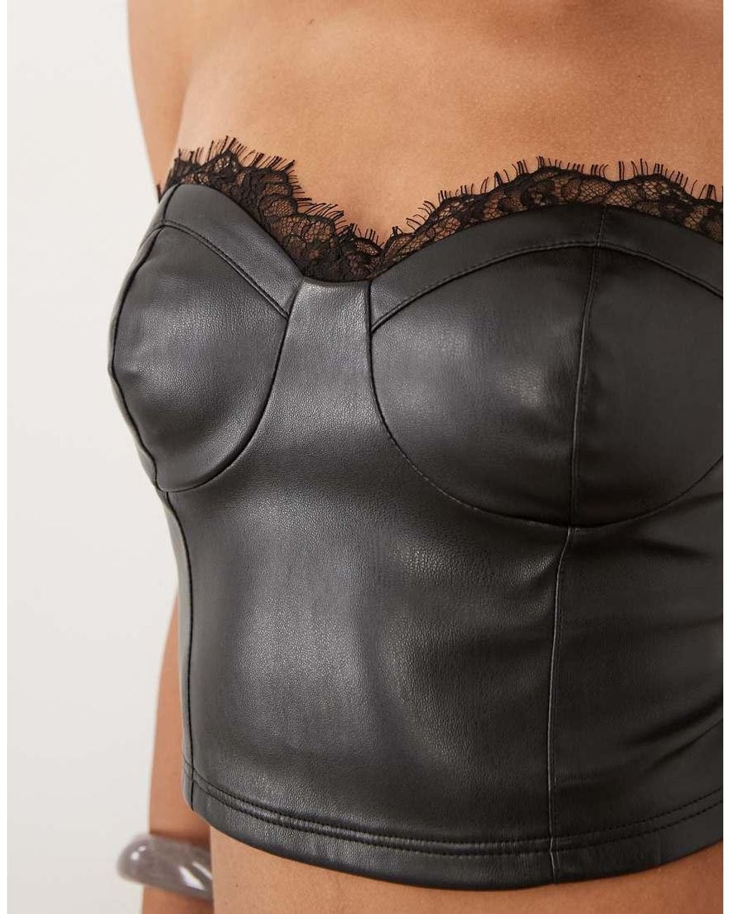 Miss Selfridge Black Faux Leather Bandeau Top With Lace Trim