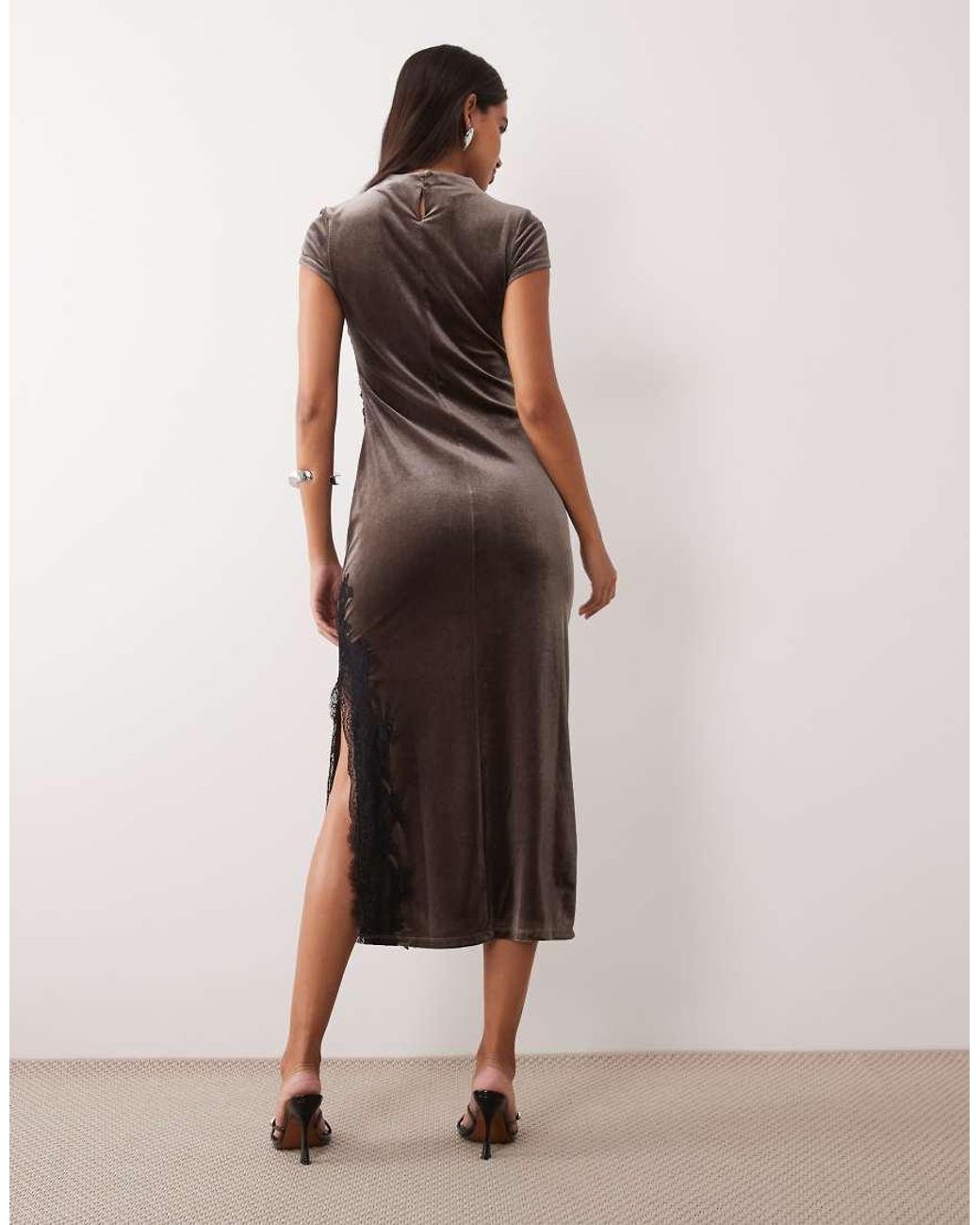 Nobody's Child Natural Manon Velvet High Neck Cap Sleeve Midi Dress