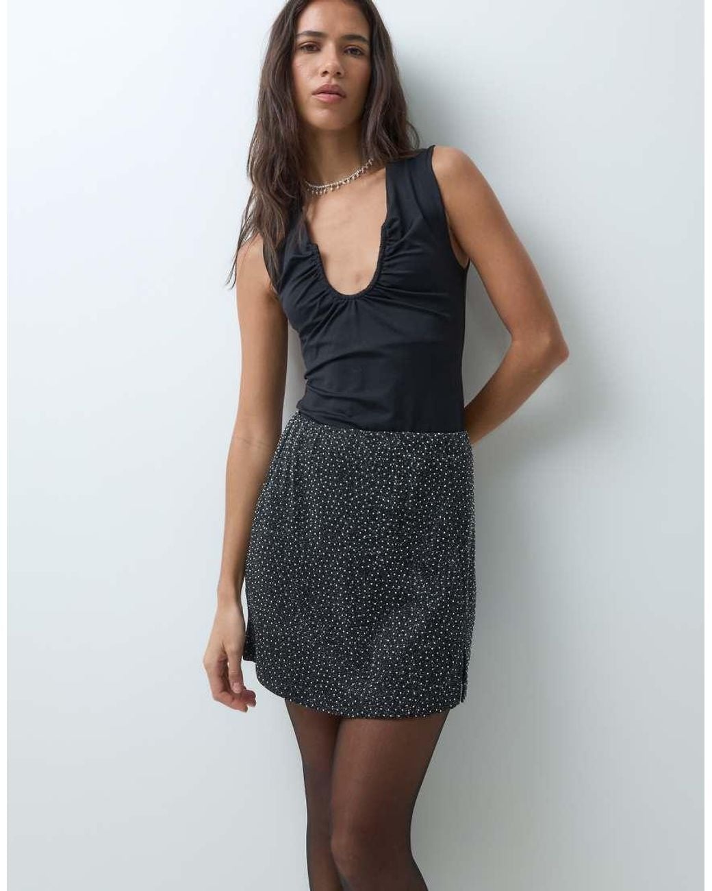 New Look Black Hotfix Mesh Mini Skirt Co-ord