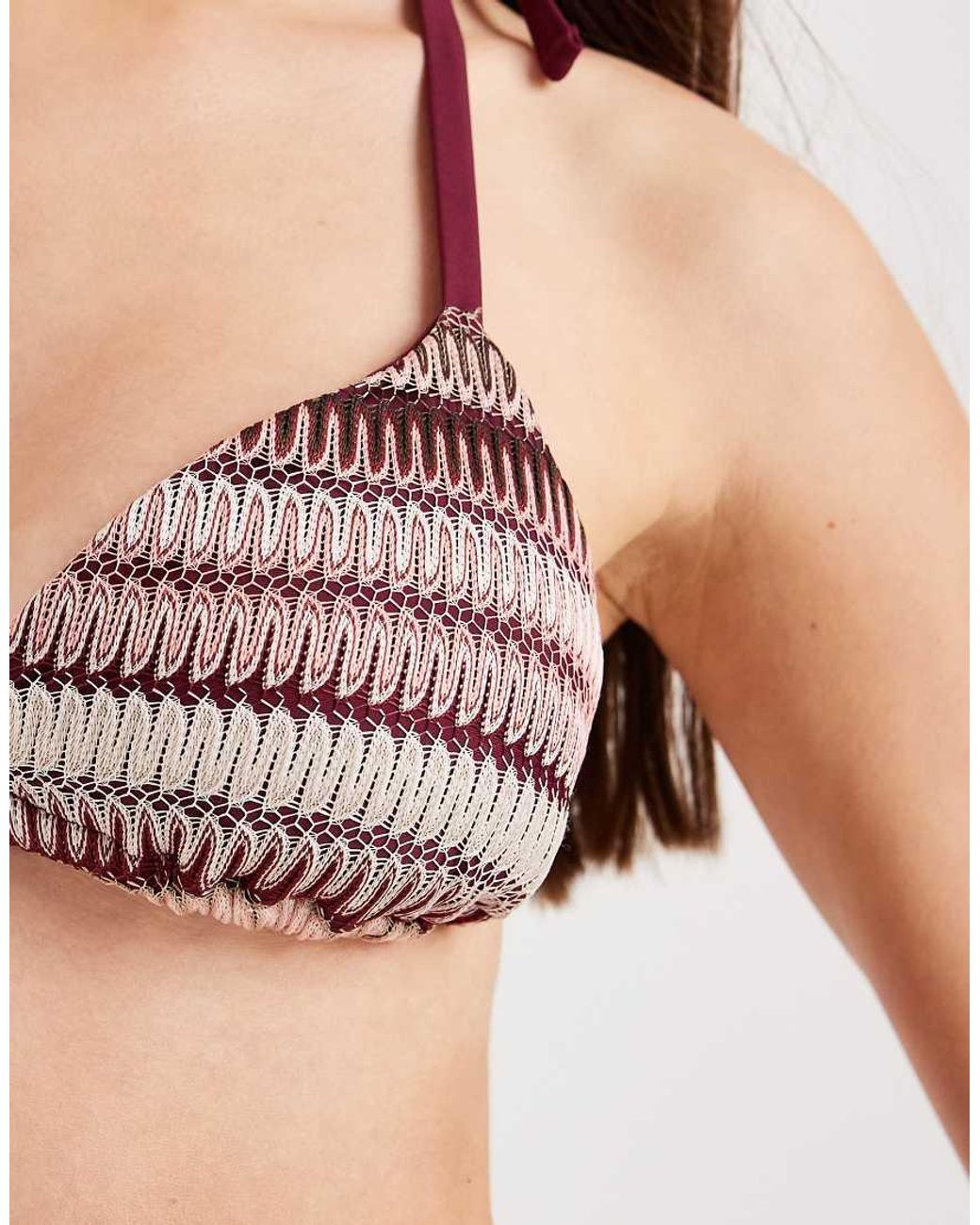 New Look Natural Crochet Stripe Triangle Bikini Top