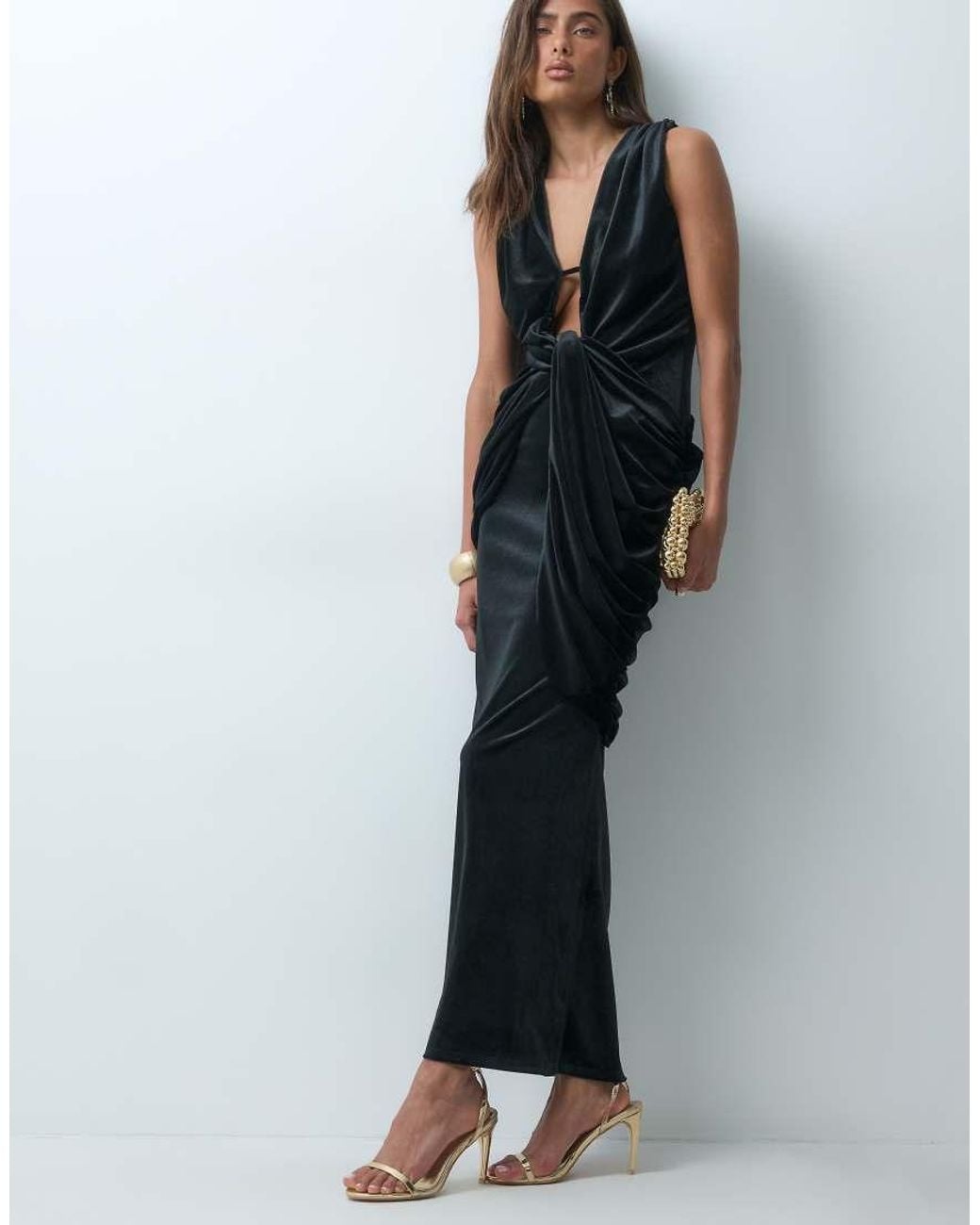 ASOS Black Velvet Plunge Neck Gather Detail Maxi Dress