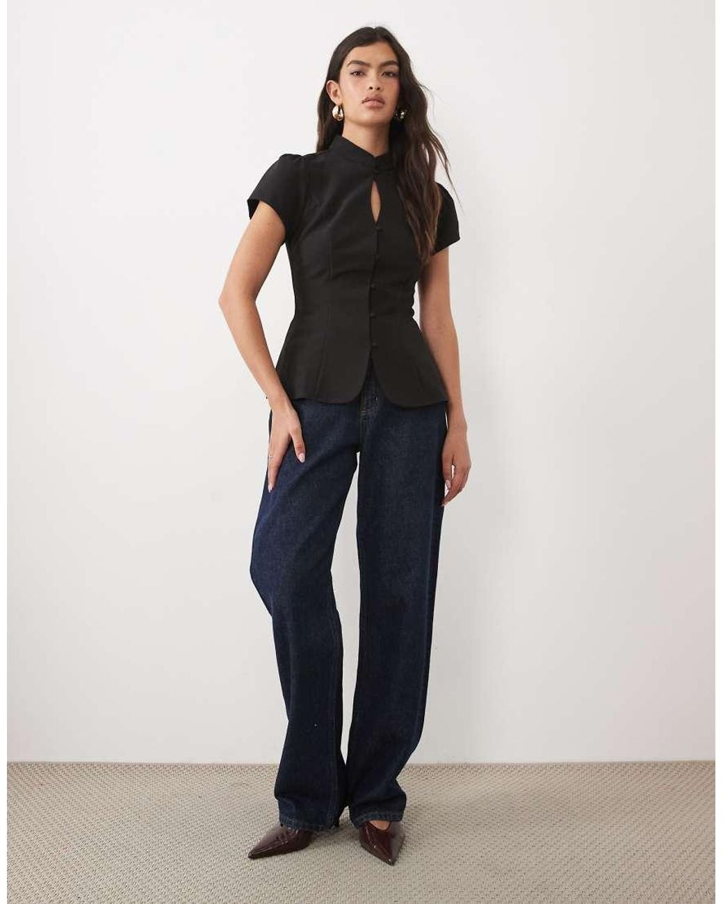 Gina Tricot Black Mandarin Collar Keyhole Top