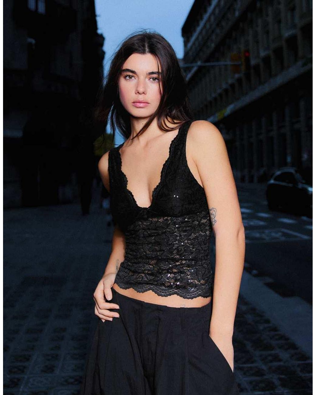 Bershka Black V-neck Lace Sequin Top