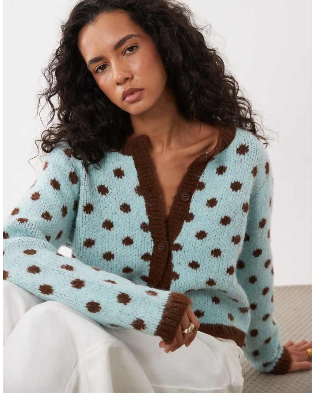 Kiwi & Co Blue Dotty Wool Feel Contrast Trim Cardigan