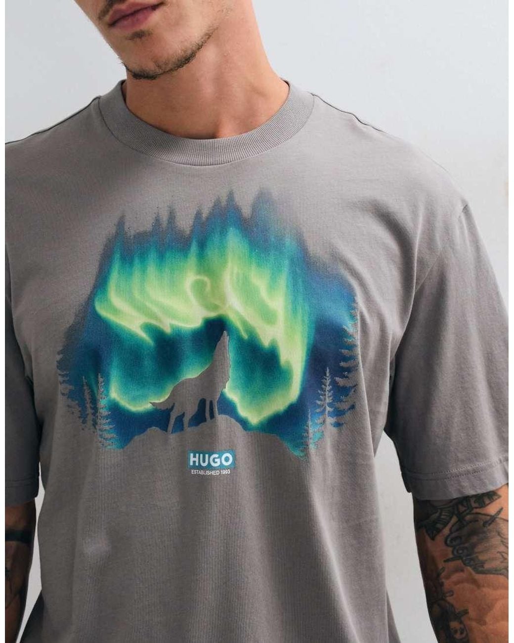 HUGO Gray T-Shirt With Graphic Print for men