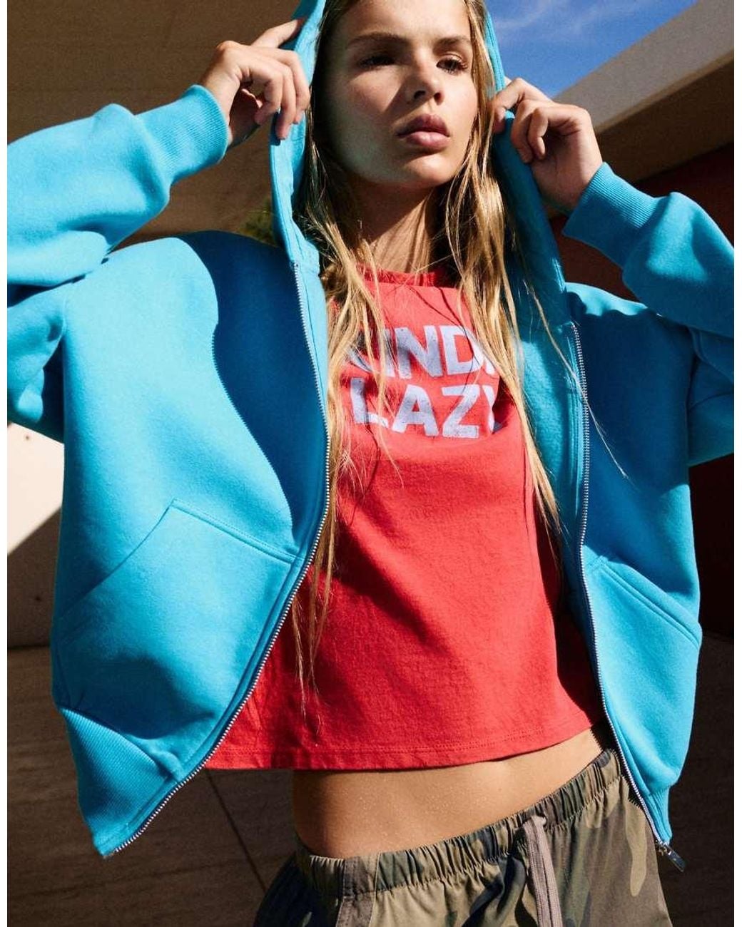 Pull&Bear Red Turquoise Zip-up Hoodie