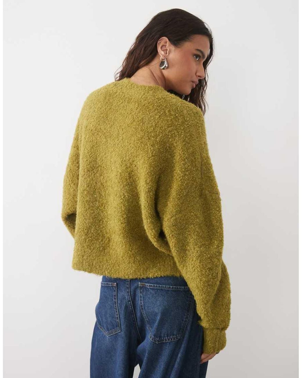 Pieces Green Frill Trim Boucle Knit Jumper With Wool