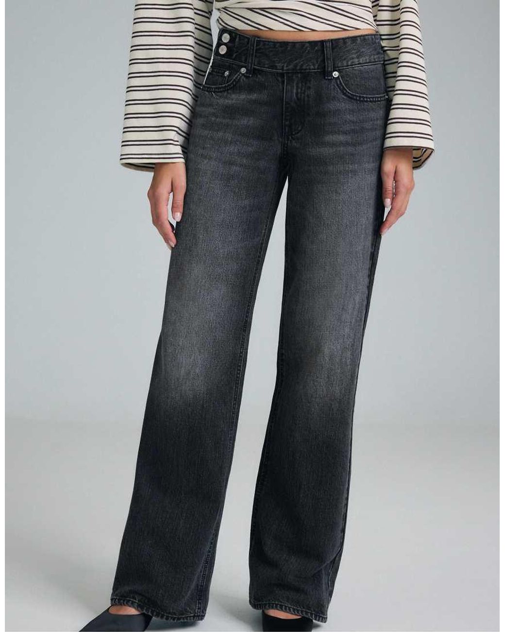 Stradivarius Gray Low-rise Straight-leg Jeans With Hammer Waistband