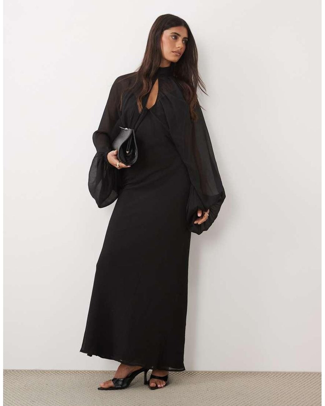 ASOS Black Keyhole Overlay Blouson Sleeve With Bias Cami Maxi Dress Underneath