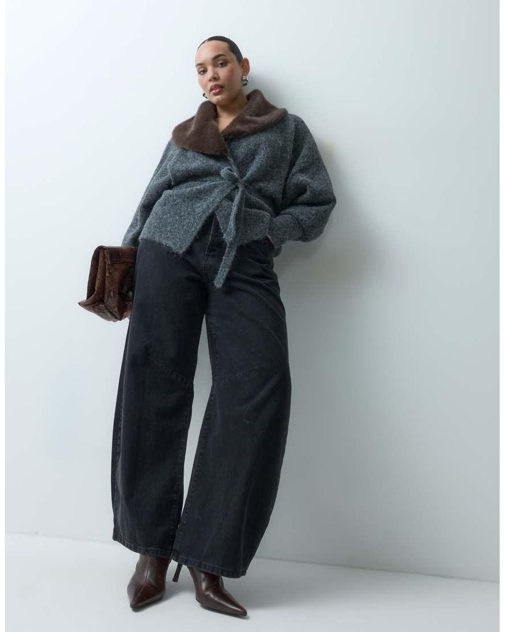 ASOS Black Asos Design Curve Faux Fur Collar Wrap Cardigan