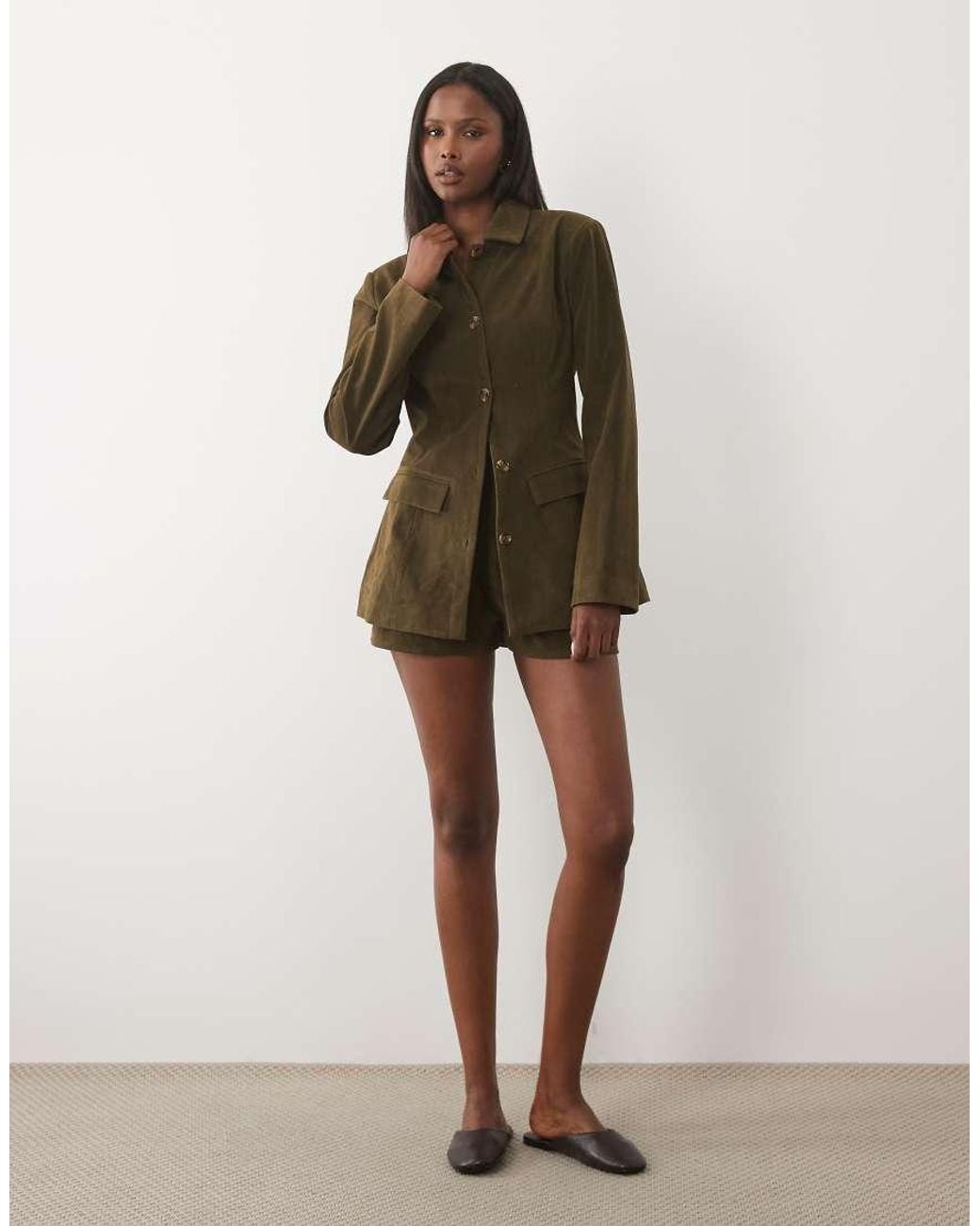 Kaiia Green Exclusive Faux Suede Cinched Waist Longline Blazer