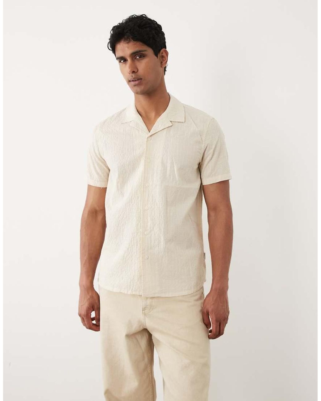 Blend White Cotton-rich Regular Fit Lightweight Seersucker Cuban Shirt for men