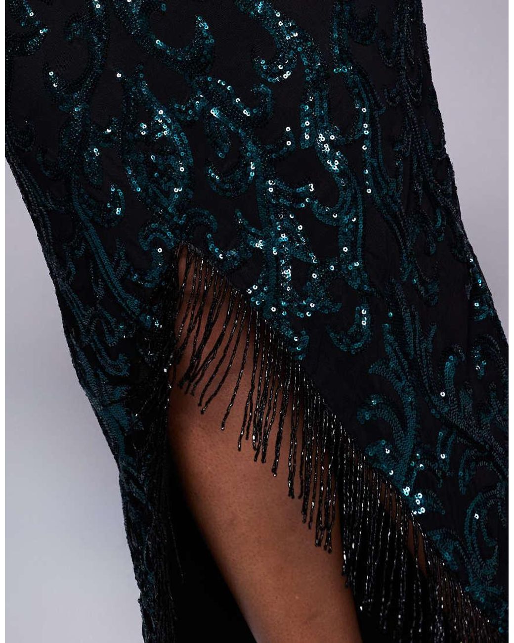 Goddiva Black Curve Tassel & Sequin Maxi With Front Split