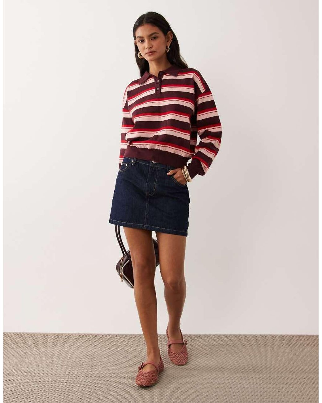 Cotton On Red Boxy Long Sleeve Polo Knit Top
