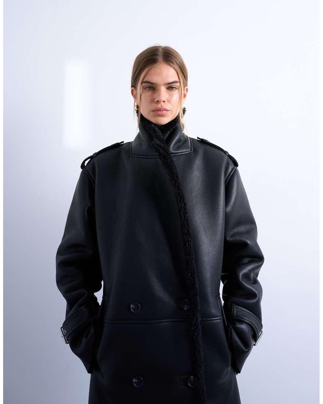 TOPSHOP Black Longline Oversized Aviator Teddy Coat