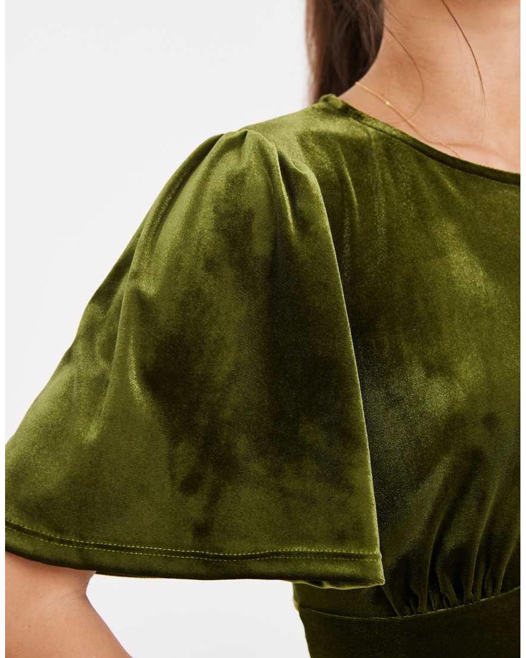 ASOS Green Velvet Puff Sleeve Top With Tie Back