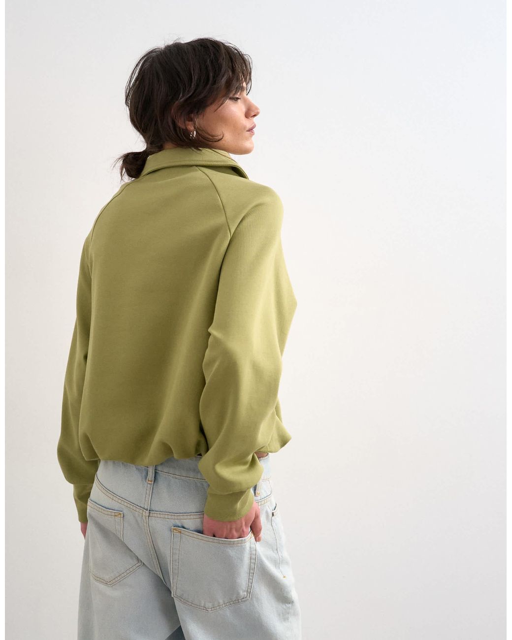 TOPSHOP Green Interlock Bubble Hem Polo Quarter Zip Sweat