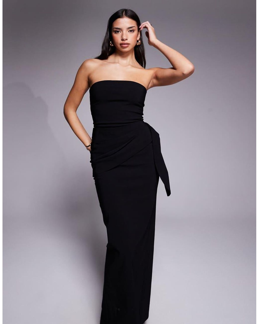 Vesper Blue Bengaline Bandeau Drape Front Detail Maxi Dress