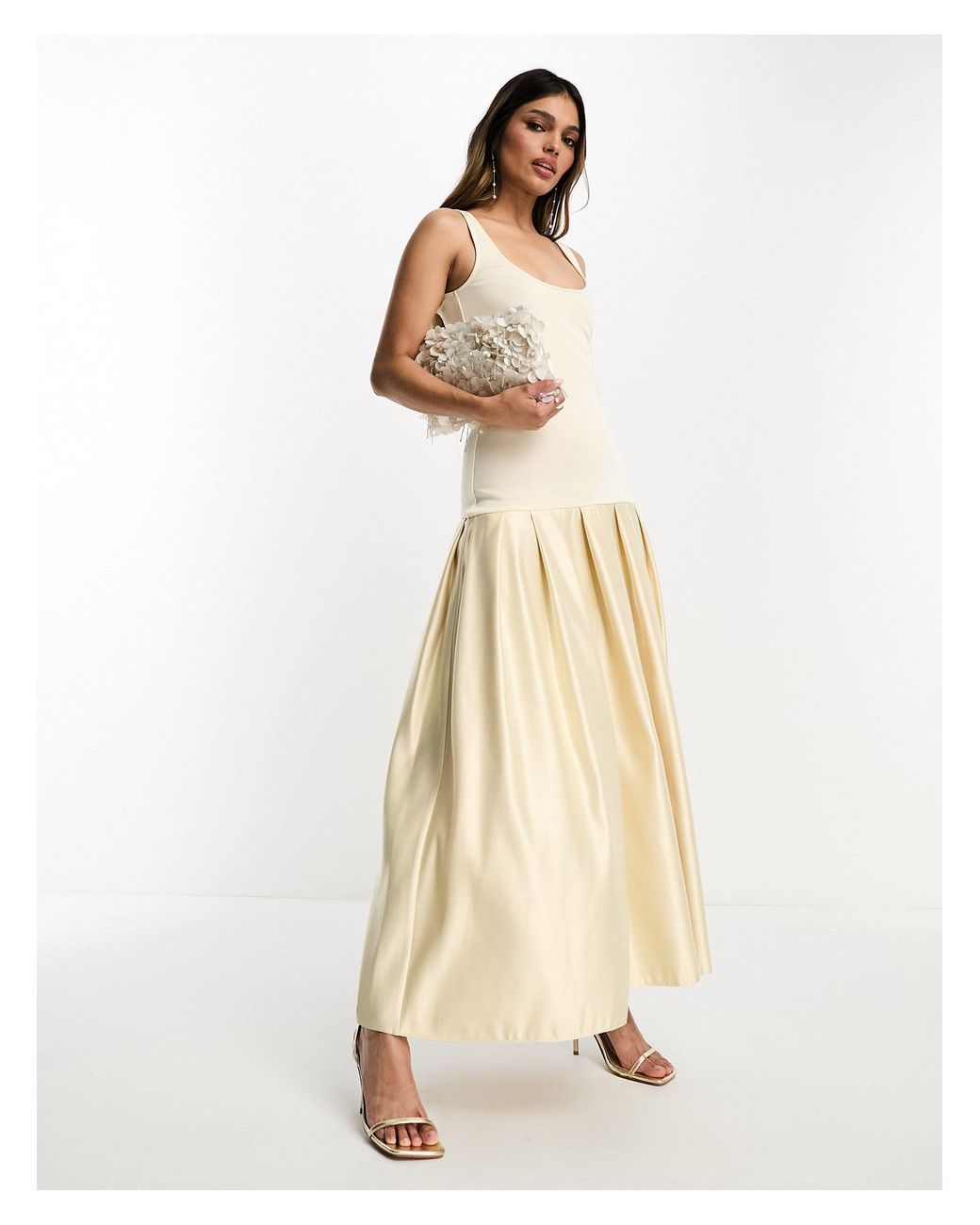 ASOS Scoop Neck Drop Waist Midi Dress With Satin Skirt in Natural | Lyst