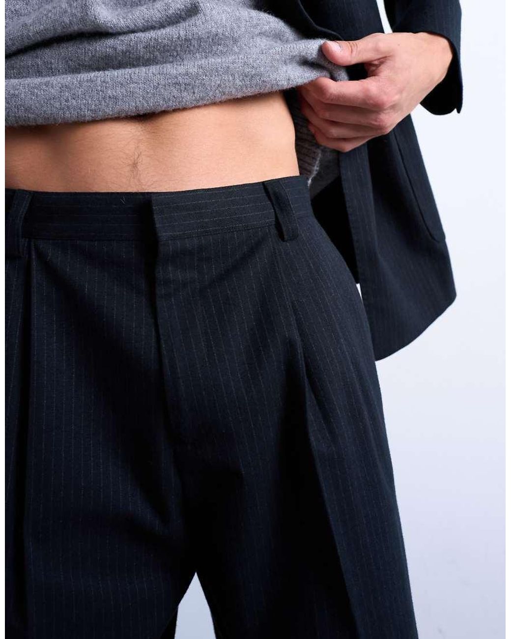 Topman Blue Wool Blend Wide Leg Striped Suit Trouser for men