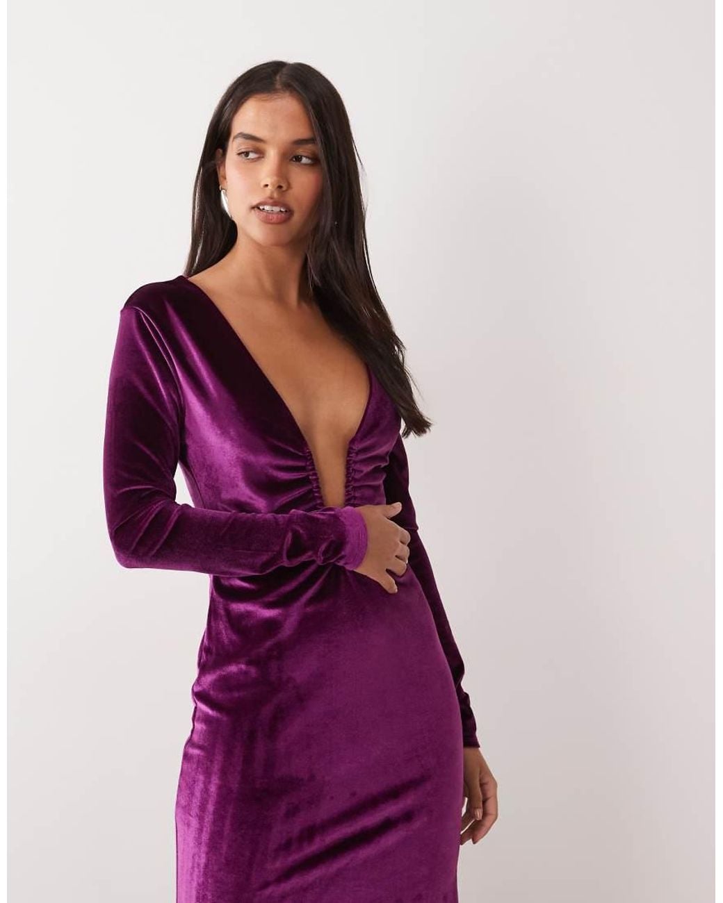 ASOS Purple Velvet Plunge Long Sleeve Maxi Dress