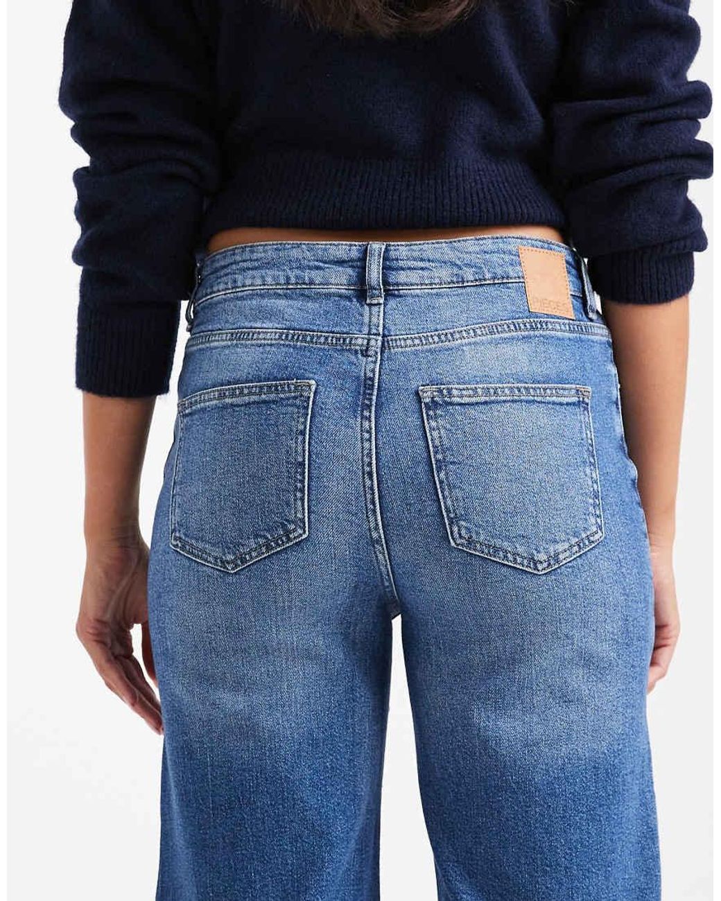 Pieces Blue Silke Mid Rise Wide Leg Jeans
