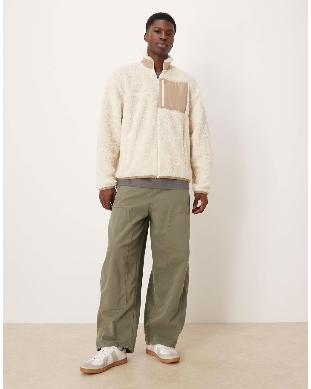 ASOS Natural Relaxed Teddy Zip Up Jacket for men
