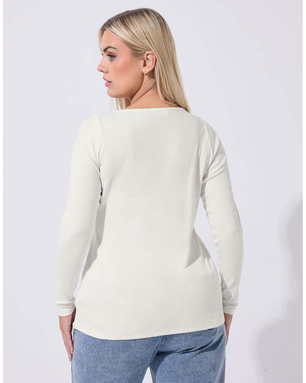 Yours Clothing White Long Sleeve Ribbed Top