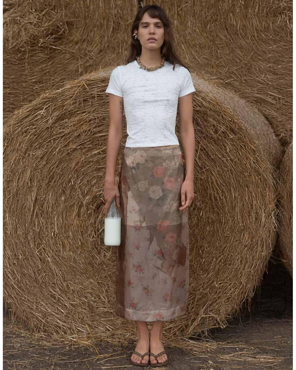 Muse Assembly Natural Printed Organza Maxi Skirt