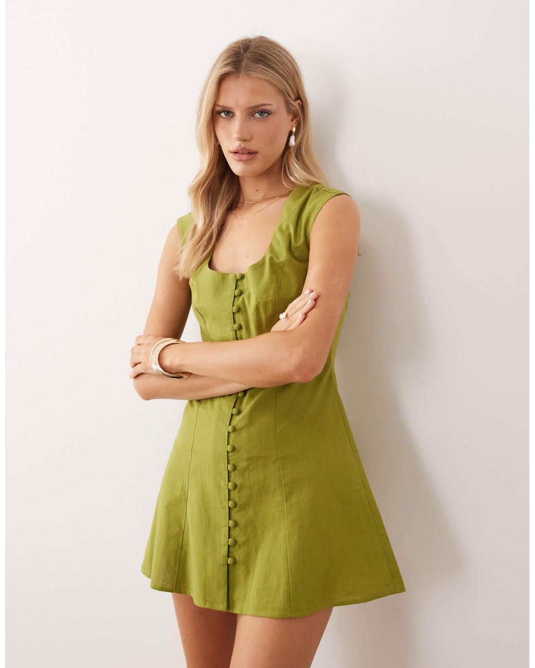 ASOS Green Square Neck Button Down Mini Sundress