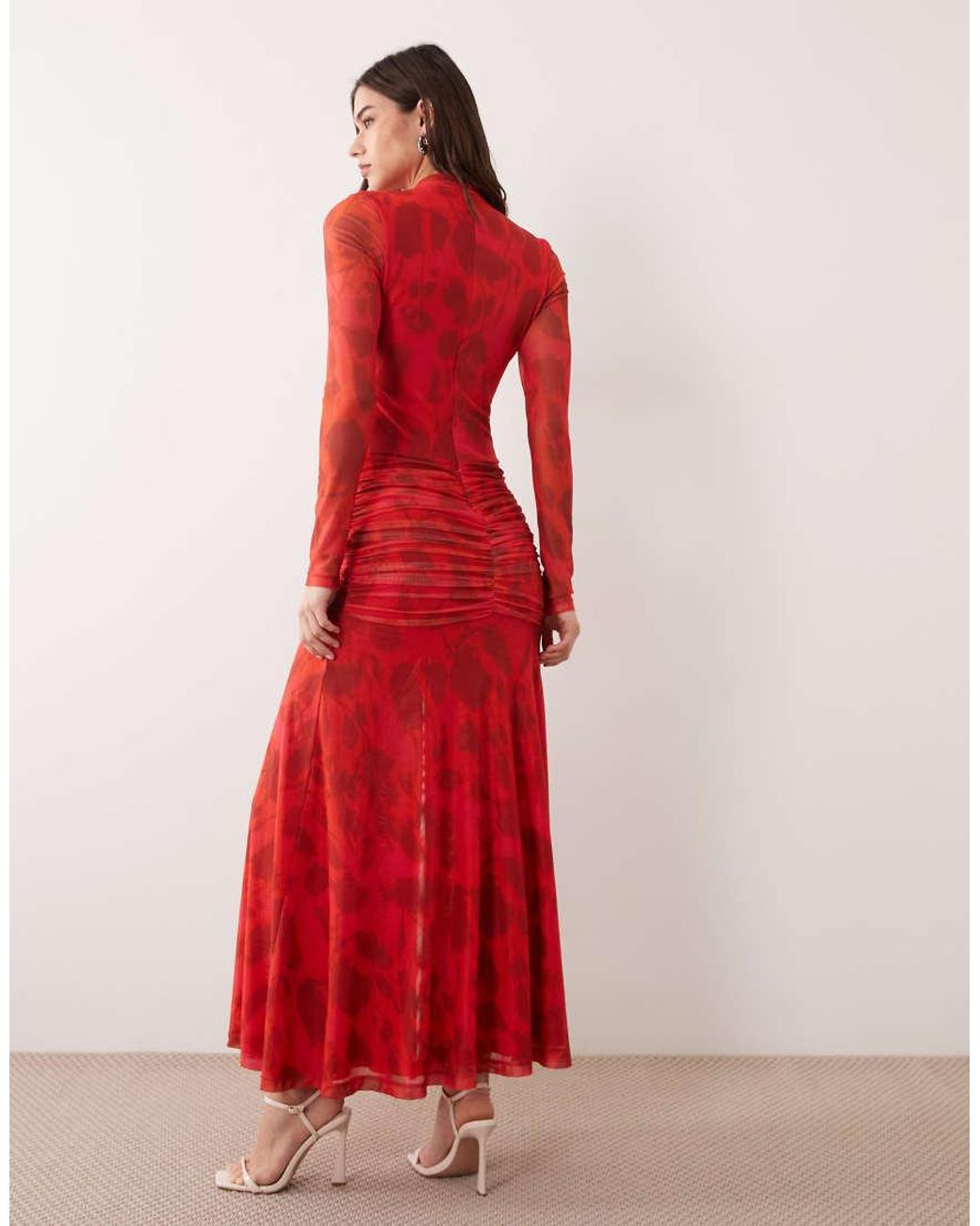 Bardot Red Lea Mesh Long Sleeve Ruched Waist Slit Front Maxi Dress
