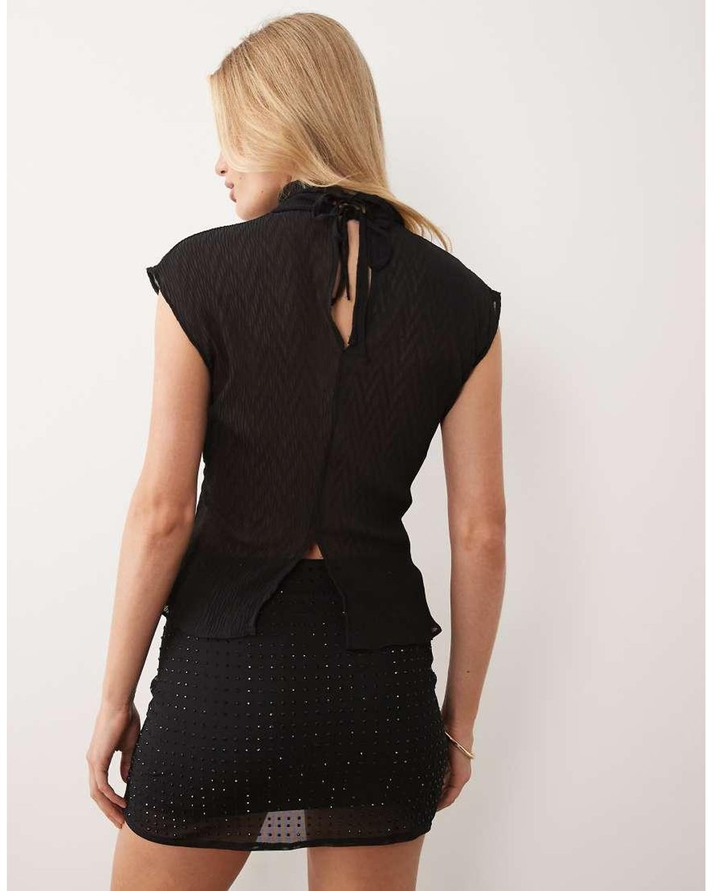 ASOS Black Chiffon Plisse Funnel Neck Blouse