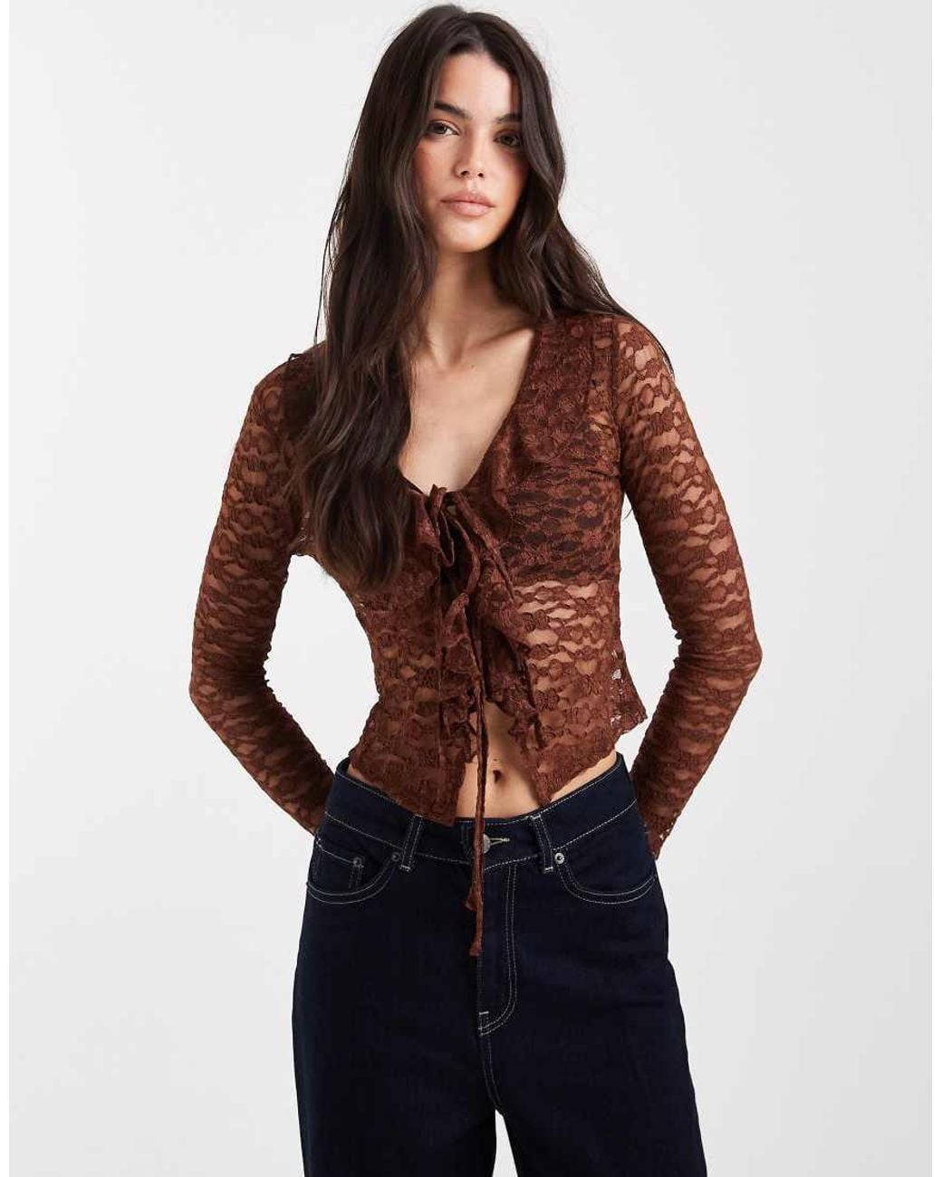 Miss Selfridge Blue Lace Ruffle Detail Long Sleeve Top