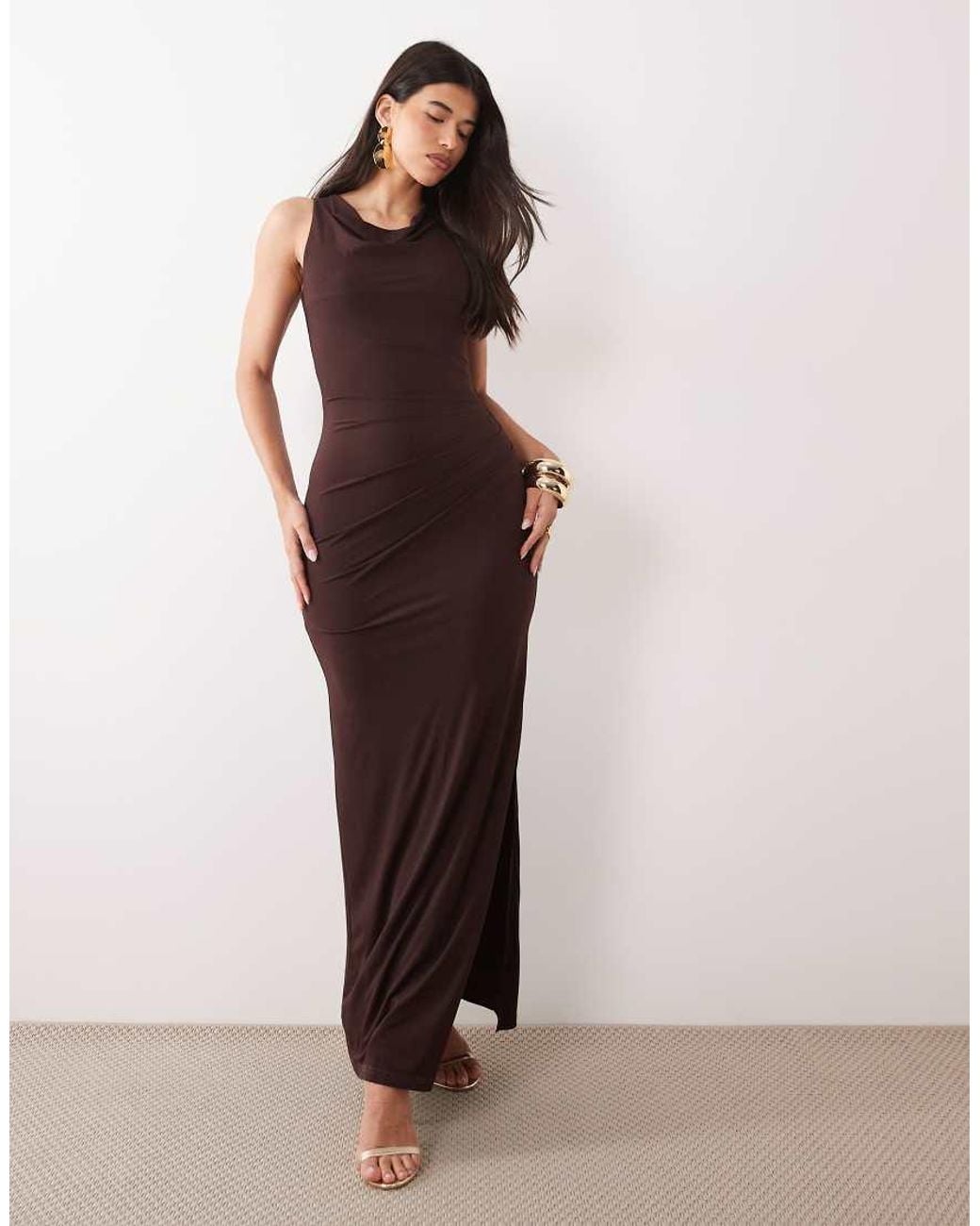 TFNC London Brown Slinky Cowl Neck Thigh Split Maxi Dress
