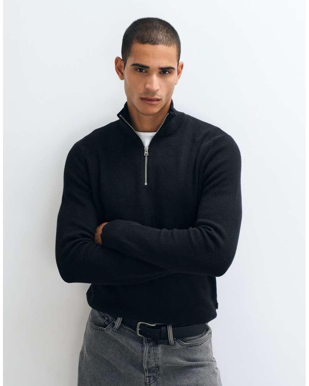 Only & Sons Black Ribbed Half Zip Jumper for men