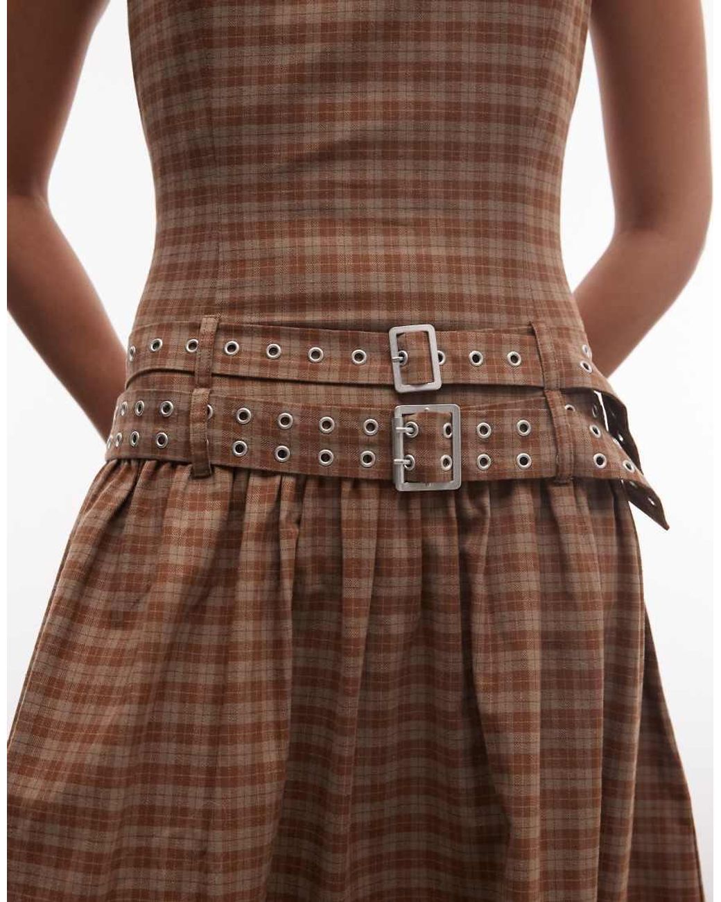The Ragged Priest Brown Drop Waist Belted Midi Dress