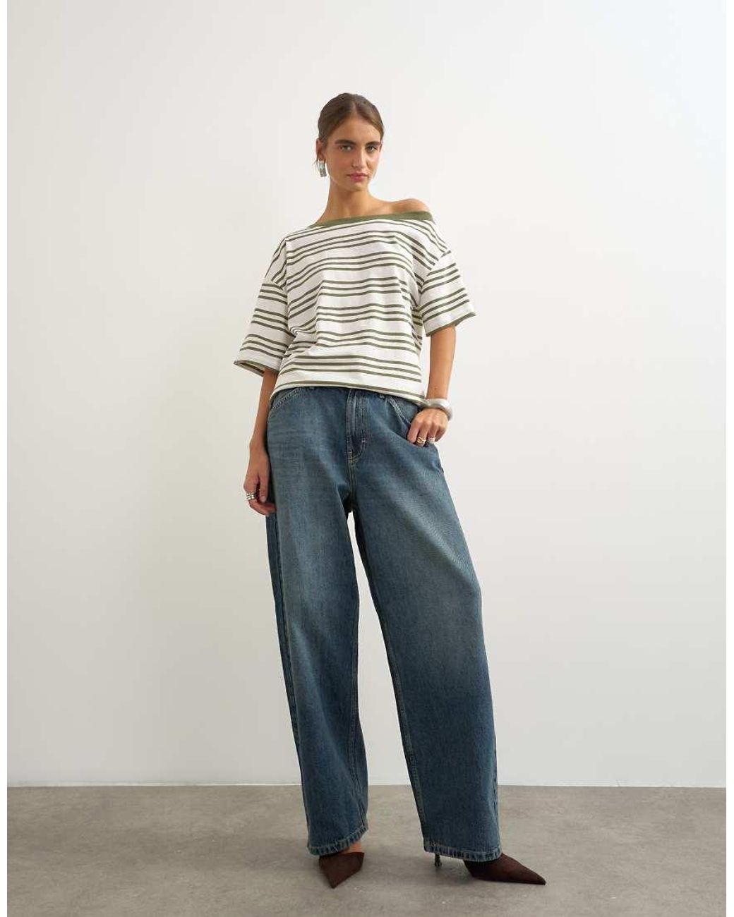 TOPSHOP Multicolor Striped Fallen Shoulder T-shirt