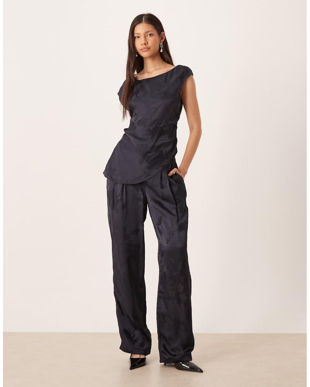 ASOS Blue Tailored Satin Jacquard Ruched Top Co-ord