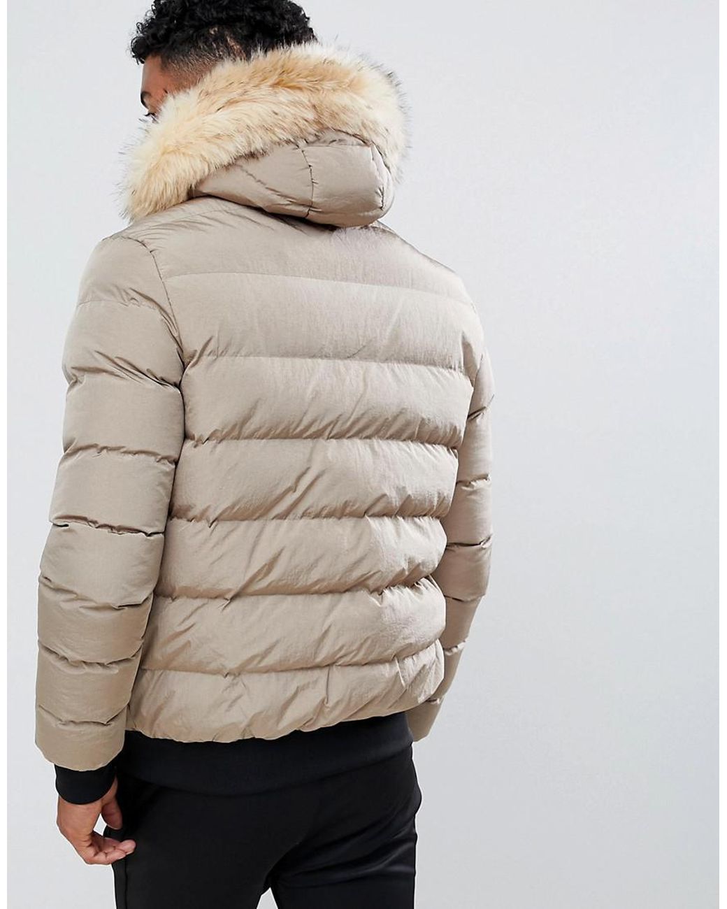 SIKSILK Puffer Jacket With Faux Fur Hood In Beige in Natural for Men | Lyst