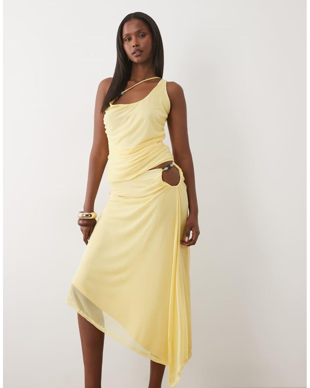 ASOS Natural Co-ord Mesh Asymmetric Midi Skirt With Beaded Trim
