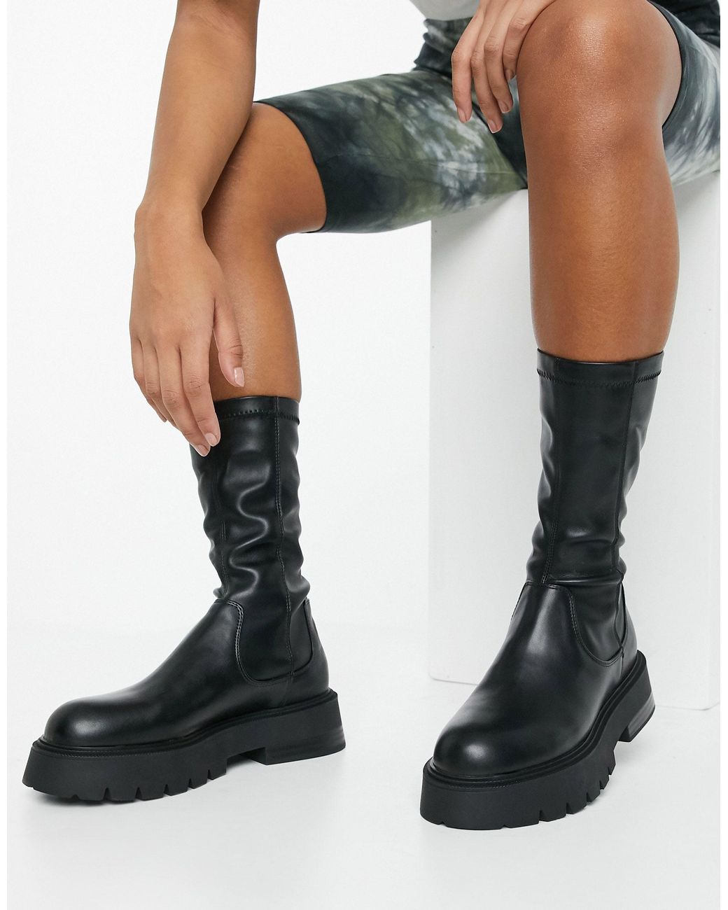 Bershka Faux Leather Sock Boot With Chunky Sole in Black | Lyst Australia