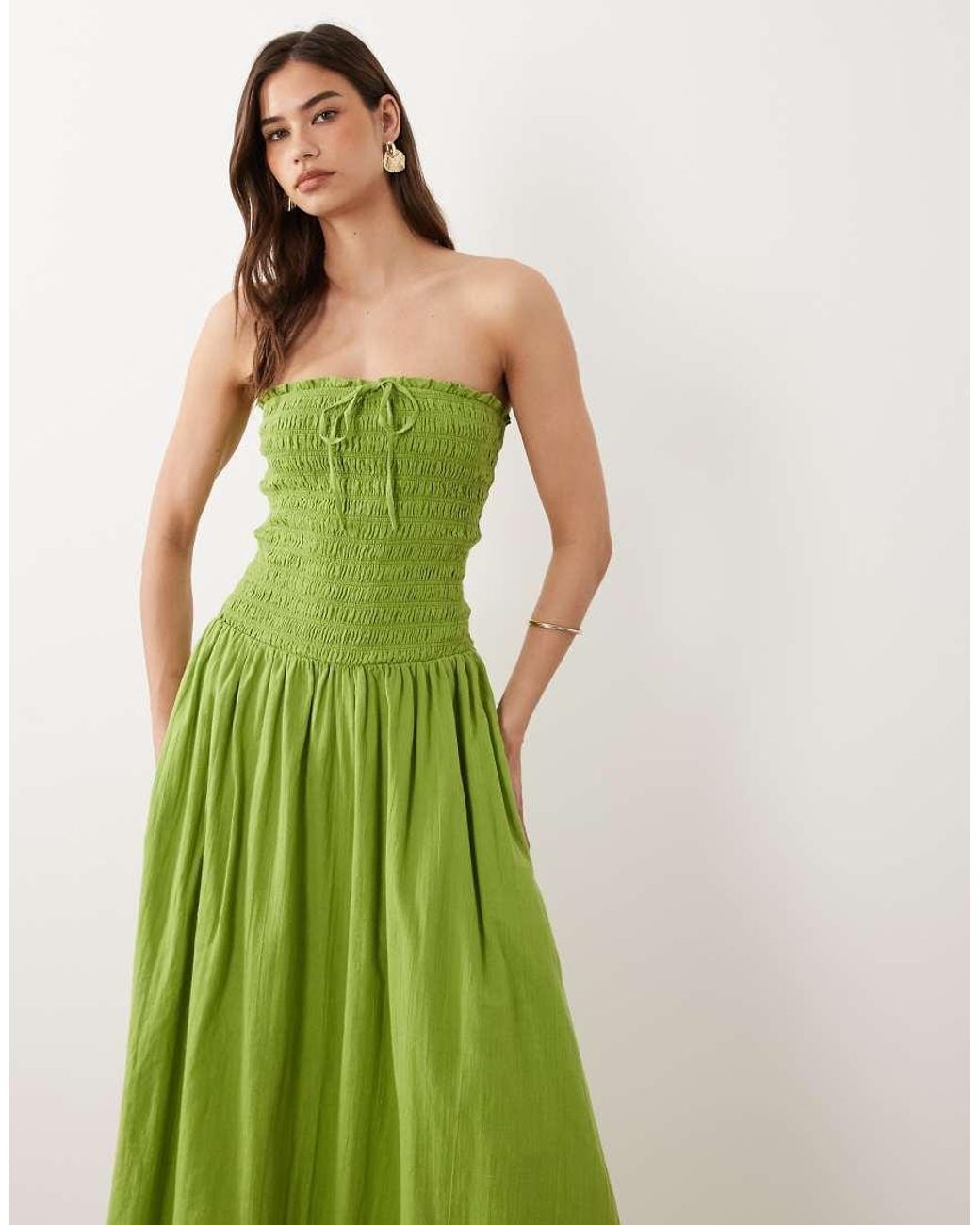 Nobody's Child Green Mandy Cotton Bandeau Shirred Bodice Midi Dress
