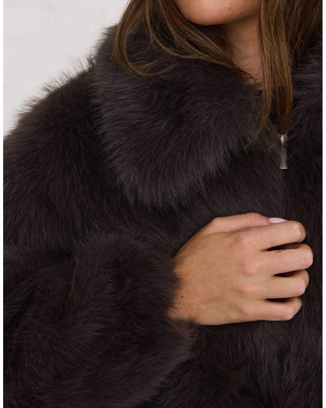 Aria Cove Brown Faux Fur Oversized Collar Cropped Jacket