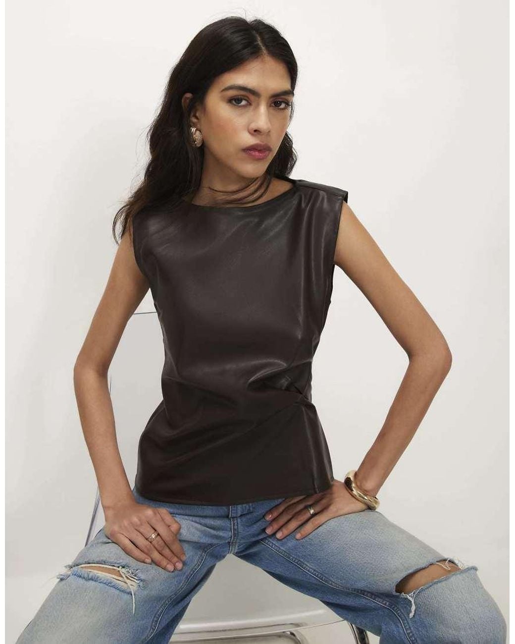River Island Brown Ruched Side Sleeveless Top