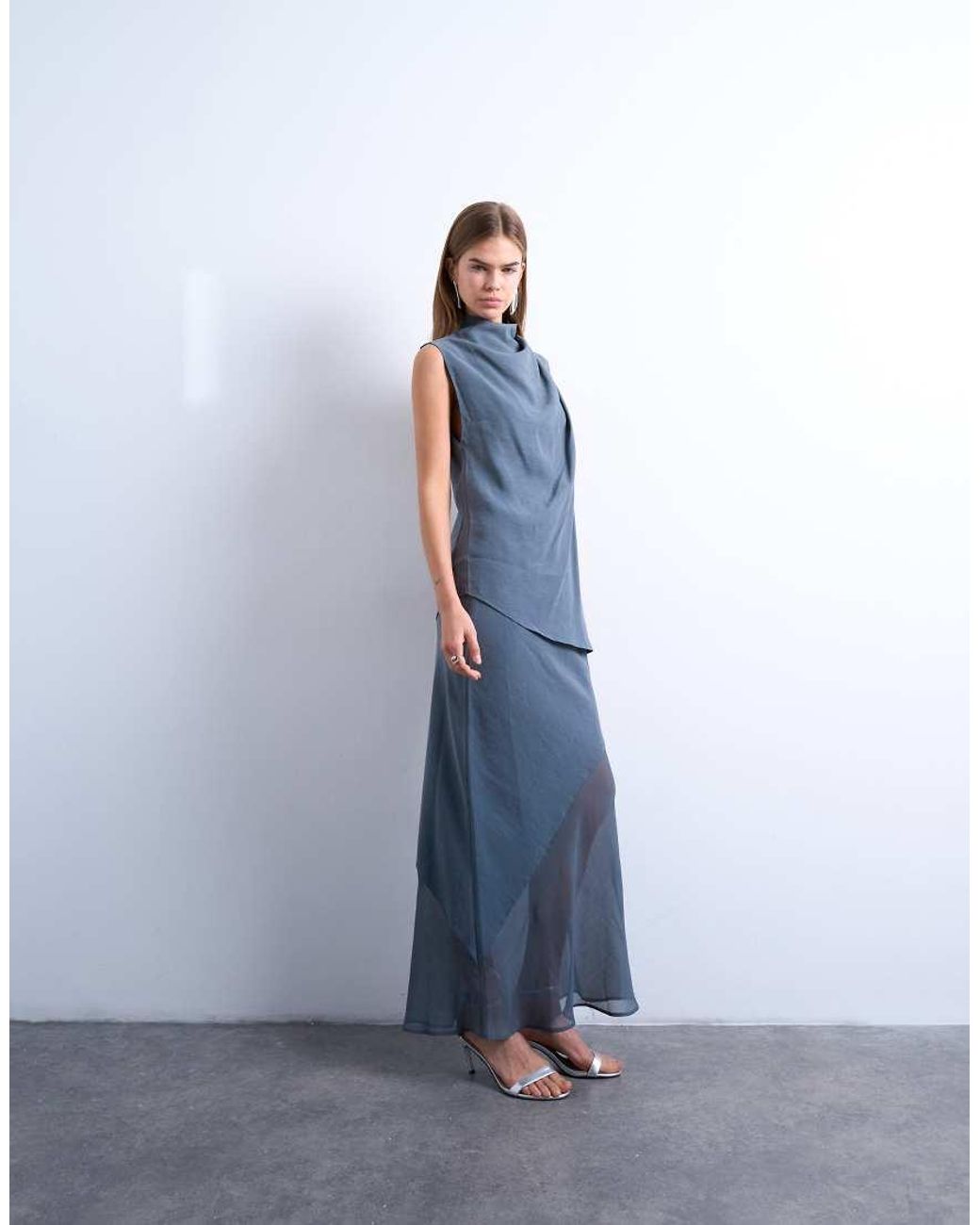 TOPSHOP Blue Cupro Asym Hem Draped Tunic Top